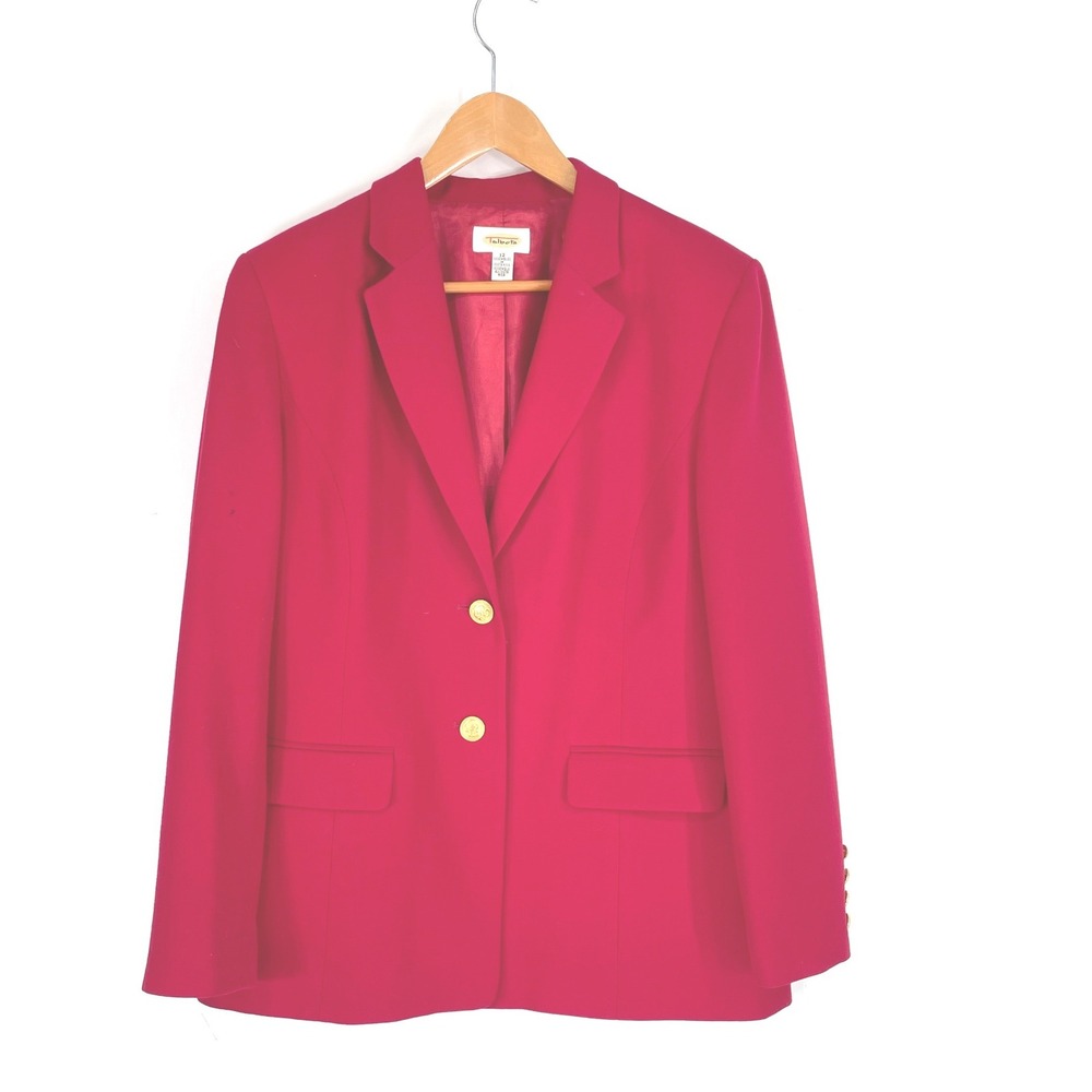 Talbots Women Blazer 12 Two Red Gold Crest Buttons 100% Wool Preppy Holiday